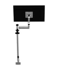 Premium Heavy Duty Computer Monitor Mount Featuring Flexible Mechanical Arm For No Sweat Wall Or Desk Setup Straight Shooter Reliability, top view of mount with black and silver design.