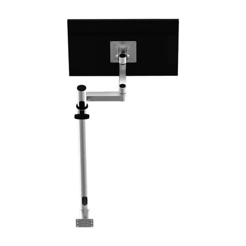 Premium Heavy Duty Computer Monitor Mount Featuring Flexible Mechanical Arm For No Sweat Wall Or Desk Setup Straight Shooter Reliability, top view of mount with black and silver design.