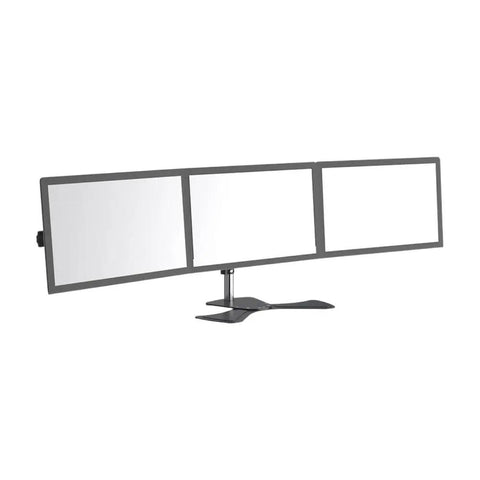 Heavy Duty Dual Monitor Desk Mount Featuring Fluid Mechanical Arms, sleek steel design holding three displays.