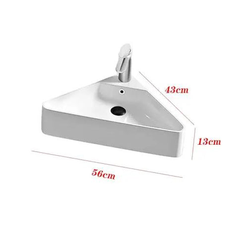 Personalized Triangle Bathroom Vessel Sink - High-Temperature, Space-Saving Wall-Mounted Corner Washbasin for Vanities, dimensions visible.