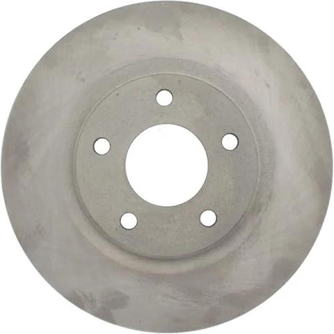 Front brake rotor; metallic disc with central hub bore and five lug holes
