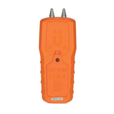 Front view of Klein Tools ET180 digital manometer handheld with orange housing and dual pressure ports