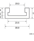 Technical diagram of 30 Type T Track Aluminum Miter Jig, dimensions in mm, part of woodworking accessory for precise fits.