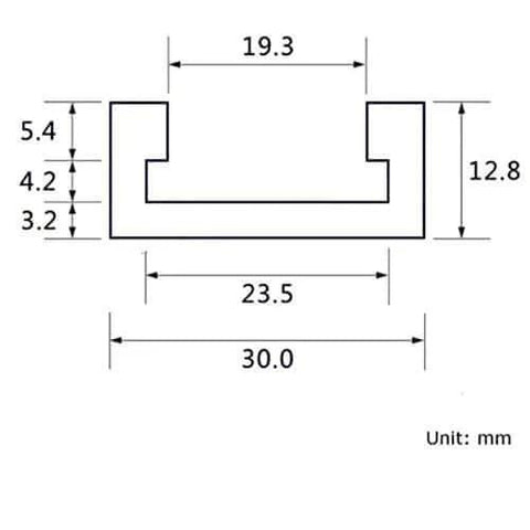 Technical diagram of 30 Type T Track Aluminum Miter Jig, dimensions in mm, part of woodworking accessory for precise fits.