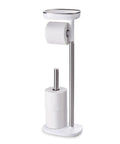 Freestanding Toilet Paper Holder With Shelf And Drawer Holds Up To Four Rolls Weighted Base For Extra Stability Great for Spare Rolls Phone Or Book Stainless Steel Finish, showing front view with one roll and storage.