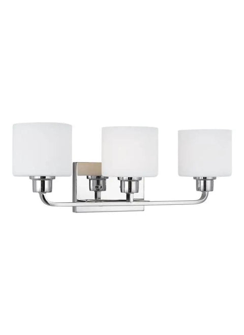Canfield Three Light Wall Mount Vanity Fixture in Brushed Nickel with Etched White Glass Shades for modern bathrooms and vanities