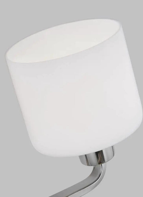 Canfield Three Light Wall Mount Vanity Fixture In Brushed Nickel With Etched White Glass Shades, single close-up of glass shade