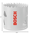 Bosch 2-1/4 in bi-metal T-slot hole saw, white metal body with red Bosch logo (front view)