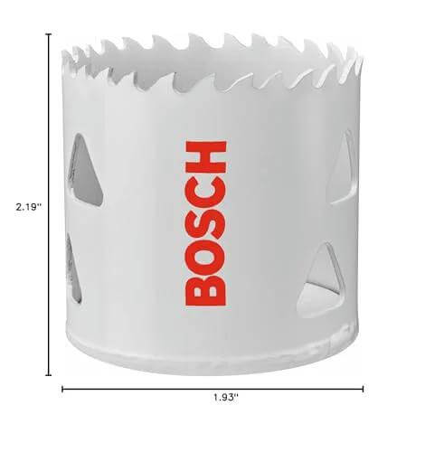 Bosch 2-1/4 in bi-metal T-slot hole saw, white metal body with red Bosch logo (front view)