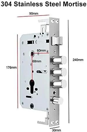 304 Stainless Steel Mortise Lock with dimensions 240mm x 90mm x 30mm for secure door installations.