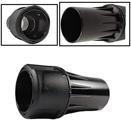 DWV9000 universal multi-function connector, 1-1/4 in, black plastic; views show end adapter, barrel, tapered nozzle.