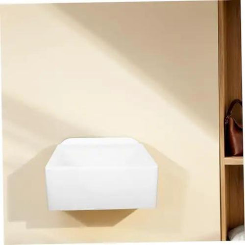 Wall-Mount Bathroom Sink - Lightweight Plastic No-Drill Design for Easy Installat in Small Bathrooms, Rentals, and Shower Areas - Space-Saving Solut! mounted on beige wall.