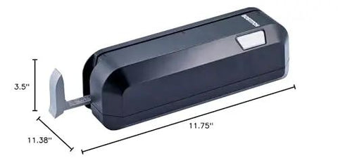 Black electric 3 hole punch for office use, showing measurements; heavy duty, dual paper loading, jam free, 20 sheet capacity, space saving.
