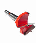 Side view of red hinge-bore hole saw drill bit for wood, 53mm diameter, round shank, carbide-tipped.