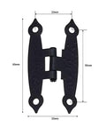 Two Pack Antique Black H Hinges For Cabinets And Boxes, zinc alloy, with dimensions, vintage style hardware for rustic decor.