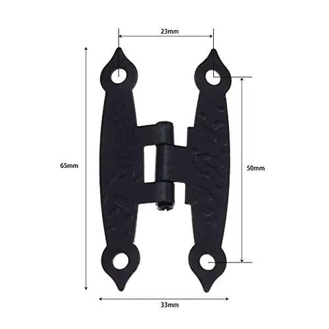 Two Pack Antique Black H Hinges For Cabinets And Boxes, zinc alloy, with dimensions, vintage style hardware for rustic decor.