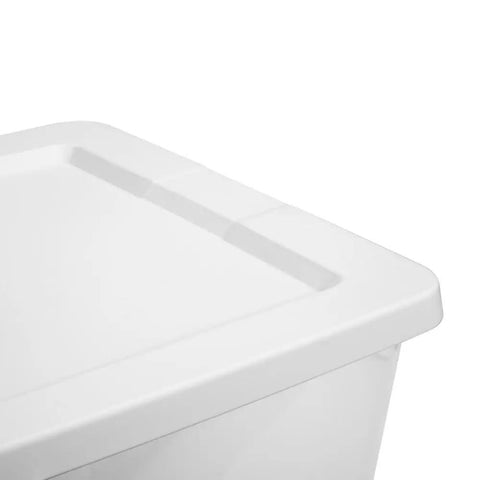 Kick The Junk Clutter Aside With These Ridiculously Spacious Clear Plastic Storage Containers Featuring Hassle Free Snap On Lids Straight Outta The Box Ready To Tame Your Garage Tools And Closet Stash Massive 58 Quart Capacity 8 Pack Included - Close-up of white snap-on lid of storage container.