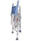 Slick Portable Commode Chair With Smooth Rolling Wheels Extra Wide Comfy Seat folded design showcasing compact storage.