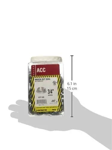 Rock Solid Three Quarter Inch Knockout Plugs For Steel Outlet Boxes And Metal Electrical Enclosures Zinc Electroplated Build 100 Piece Pack in a clear container.