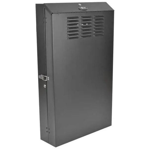 Compact 4U Vertical Wall Mount Rack Cabinet Low Profile 36 Inch Deep Black Enclosure For Server Gear Solid Build with ventilation.