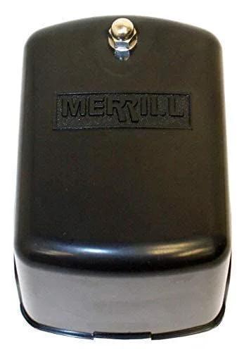 Front view of Merrill MPS4060 water well pressure switch, black NEMA 1 housing with 1/4" NPT port.