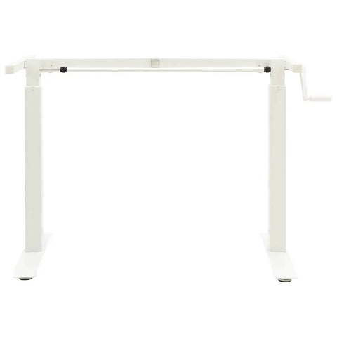 Slick Hand Crank Standing Desk Frame With Smooth Height Adjustment Setup, White heavy-duty carbon steel base shown from front view.