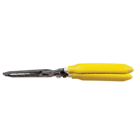 Side view of Dual NM Cable Stripper And Cutter For 12 And 14 AWG Wire, yellow handles, precision blades, Made In USA.
