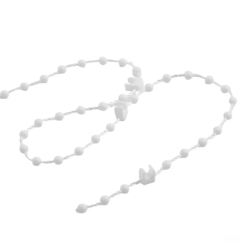 Sturdy White Plastic Beaded Pull Chain 10 Meter Replacement Cord With Bottom Weight Link Clip Connector For Vertical Blinds Shutter Repair Gear Smooth Pull in a close-up view.