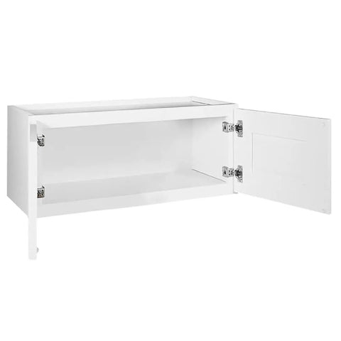 Open Brookings Shaker Bridge Wall Kitchen Cabinet W3012 30 W X 12 D X 12 H Painted White Solid Wood Ready To Assemble For Easy Kitchen Storage And A Clean Modern Look 561621 showing interior space.