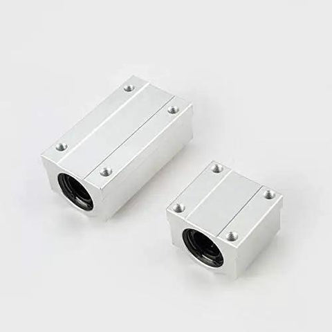 4 Pack SCS Linear Motion Ball Slide Guides UU And LUU For CNC Routers And 3D Printers, Pro Grade Bearing Blocks And Rails, Beefed Up Precision And Smooth, Quiet Movement, Includes SCS6UU Through SCS20LUU Models. Two aluminum linear bearing blocks on white background