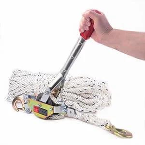 Person holding a 3/4 Ton Capacity Rope Puller With 100 Feet Of 0.6 Inch Rope Come Along Winch for heavy lifting and vehicle recovery.