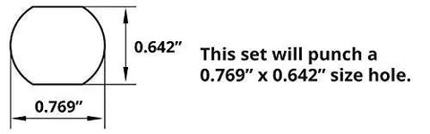 Diagram showing dimensions of 0.769 x 0.642 inch hole punched by Double D Punch Die Set Pro Grade with tool steel dies.