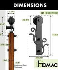 Dimensions of rustic black sliding barn door hardware kit with U shape bypass brackets for double doors, twig design roller view