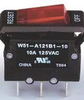 Pro Grade Thermal Circuit Breaker, Snap Mount Rocker Switch, 125 Volt AC 10 Amp Quick Connect, compact resettable fuse with red switch.