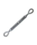 Badass One Inch By Twenty Four Inch Eye And Eye Turnbuckle Forged From Hot Dip Galvanized Steel For Heavy Duty Industrial Rigging And Straight Pull Tasks That Are Dang Tough And Rock Solid Strong viewed from a side angle.