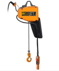 Electric hoist with pendant control, orange housing, 1-ton capacity, lifting chain and hook.