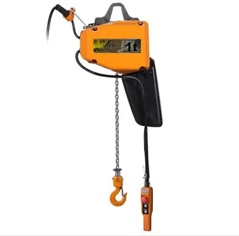 Electric hoist with pendant control, orange housing, 1-ton capacity, lifting chain and hook.