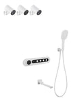 Hidden Wall Mounted Shower System With Led Digital Display And Waterfall Rain Head Matte White built-in controls and handheld sprayer.