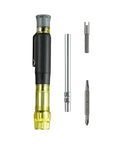 HVAC Multi Bit Pocket Screwdriver 3in1 with Phillips Slotted and Schrader bits, concealable tip, and pocket clip shown disassembled