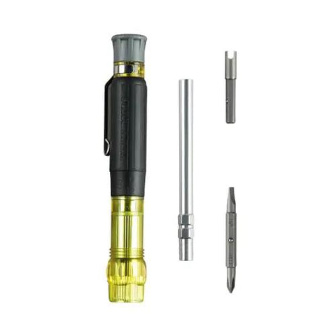 HVAC Multi Bit Pocket Screwdriver 3in1 with Phillips Slotted and Schrader bits, concealable tip, and pocket clip shown disassembled