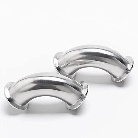 Two stainless steel 90-degree sanitary elbow fittings for 1-1/2 in. tube OD (Tri-Clamp)