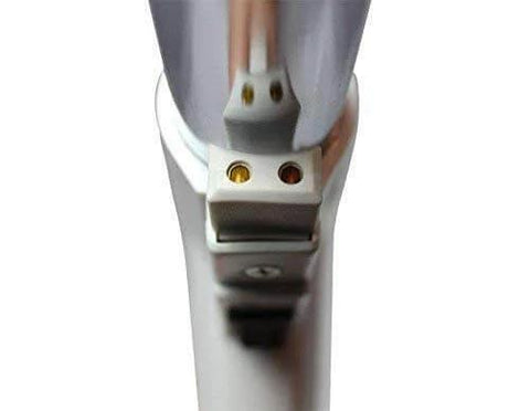 Close-up view of Replacement Hose for Carpet Cleaners with Pistol Grip Handle and Rocker Switch, Machine End Fitting, Grey and White