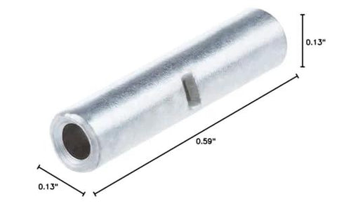 Uninsulated copper butt connector for 22-16 AWG wires, metal crimp terminal.