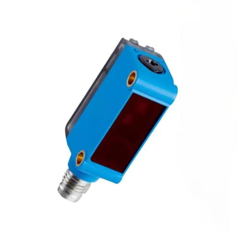 Heavy Duty Photoelectric Sensor Model WTB27-3P2413S09 for Industrial Automation, compact size, blue housing, red sensor lens