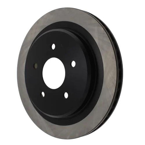 Brake rotor, rear-right, with black center hub and silver vented surface, front view