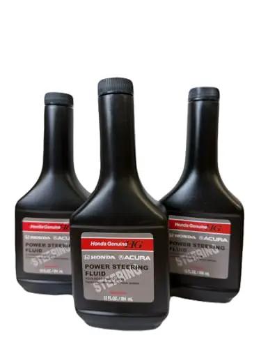 Three bottles of Honda OEM power steering fluid, pack of 3 for all Honda models, essential for smooth steering and system protection.