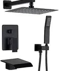 Matte Black Shower System Luxury Bath Faucet Fixtures with Waterfall Tub Spout and 10 Inch Rainfall Shower Head Wall Mount Set
