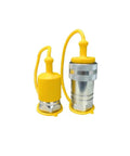 Two 1-inch AG ISO 5675 hydraulic quick-connect couplers with yellow dust caps and 1-inch NPT threads