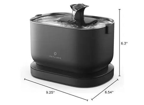 Cordless Battery Operated Cat Water Fountain With 2.5L Capacity, black stainless steel tray, shown with size measurements