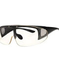 Super Lightweight Flip Over Radiation Safety Glasses Featuring Badass 0.12mm Lead Lens Protection With Comfy Rubber Grip Pads For Stress Free Medical Work in black with clear lenses.